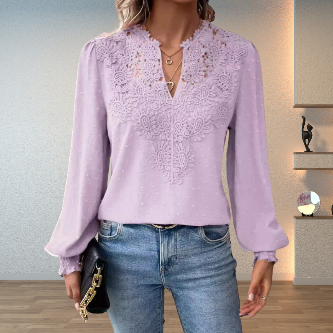 Front view showing v-neckline with lace panel and long sleeves, lilla