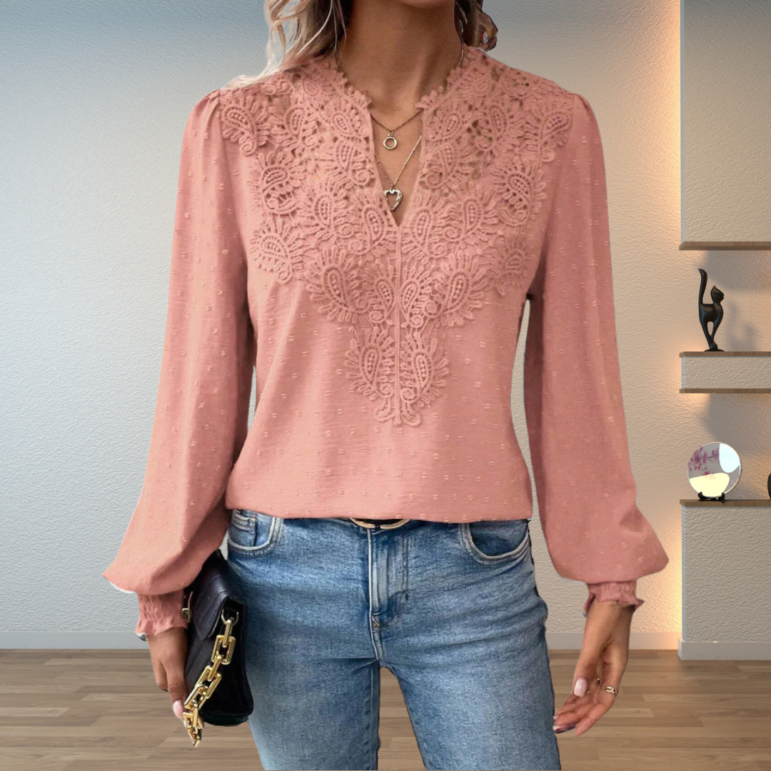 Front view showing v-neckline with lace panel and ruffled cuffs, peach