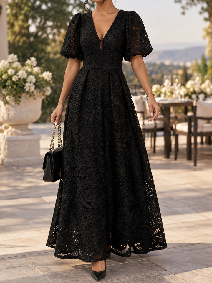 Women’s V-Neck Puff-Sleeve Maxi Dress with Back Zipper Closure and Keyhole Front