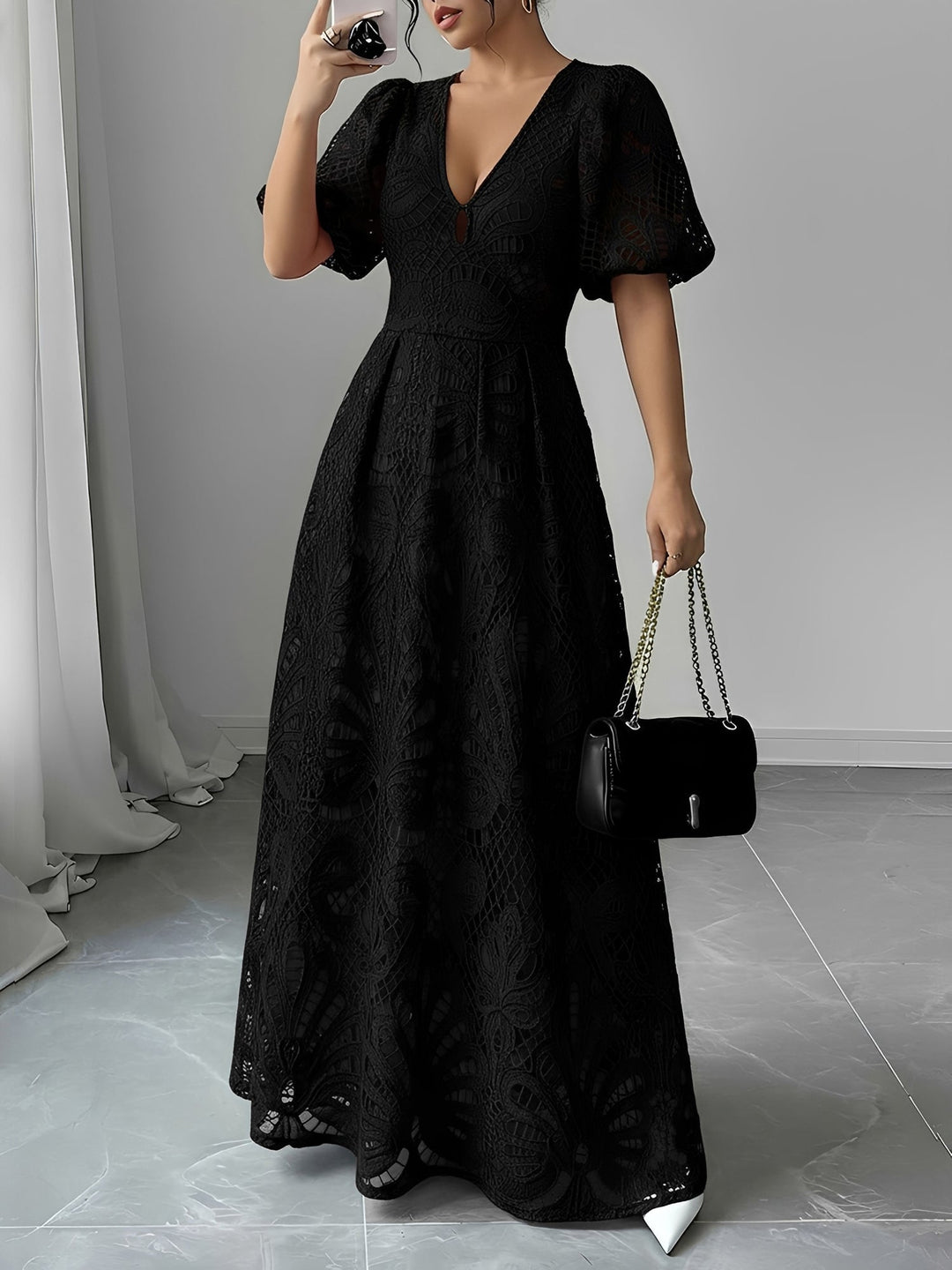 Women’s V-Neck Puff-Sleeve Maxi Dress with Back Zipper Closure and Keyhole Front