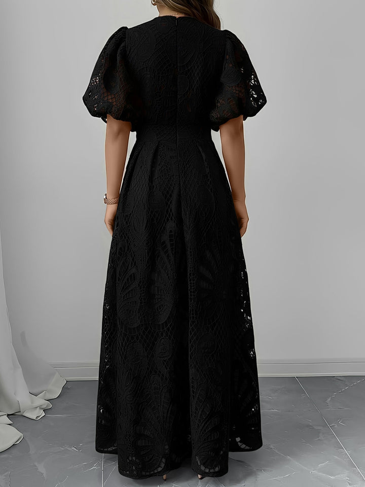 Women’s V-Neck Puff-Sleeve Maxi Dress with Back Zipper Closure and Keyhole Front