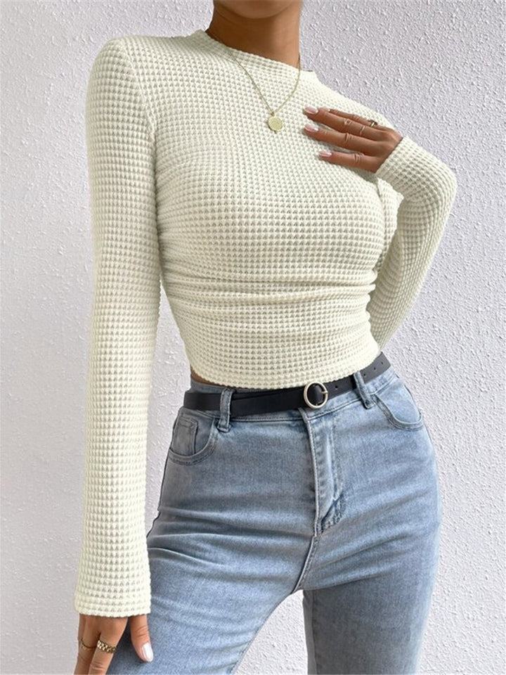 Women’s Waffle Knit Crop Top with Round Neckline and Long Sleeves