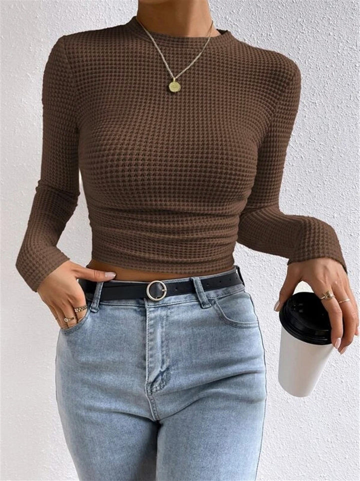 Women’s Waffle Knit Crop Top with Round Neckline and Long Sleeves
