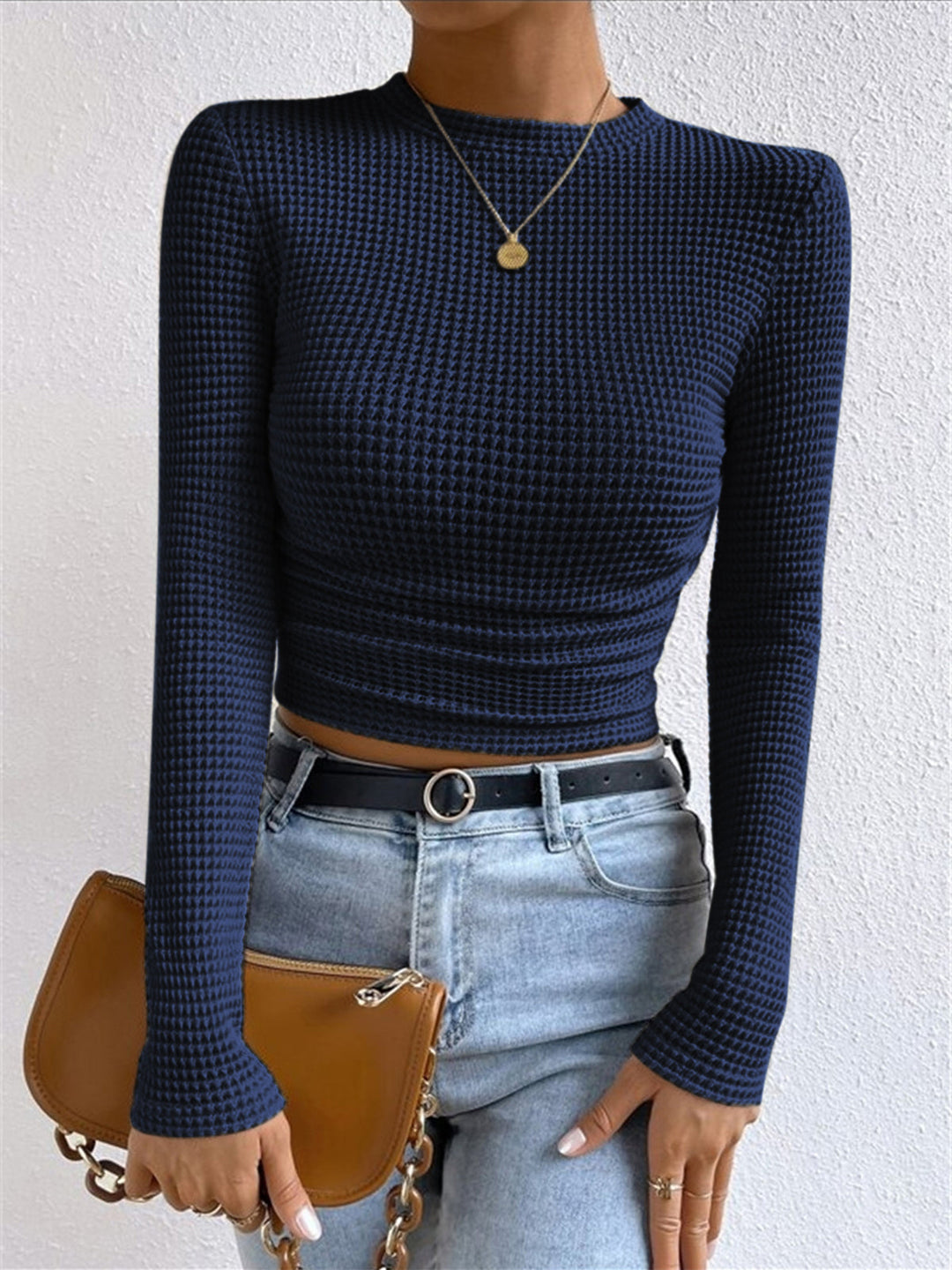 Women’s Waffle Knit Crop Top with Round Neckline and Long Sleeves