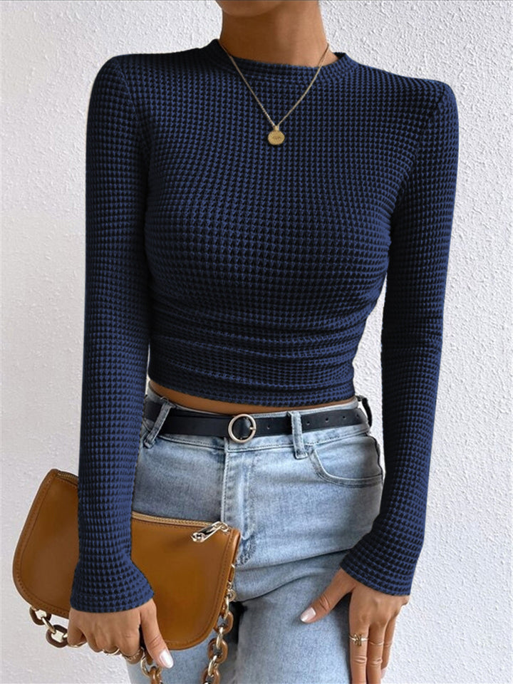 Women’s Waffle Knit Crop Top with Round Neckline and Long Sleeves