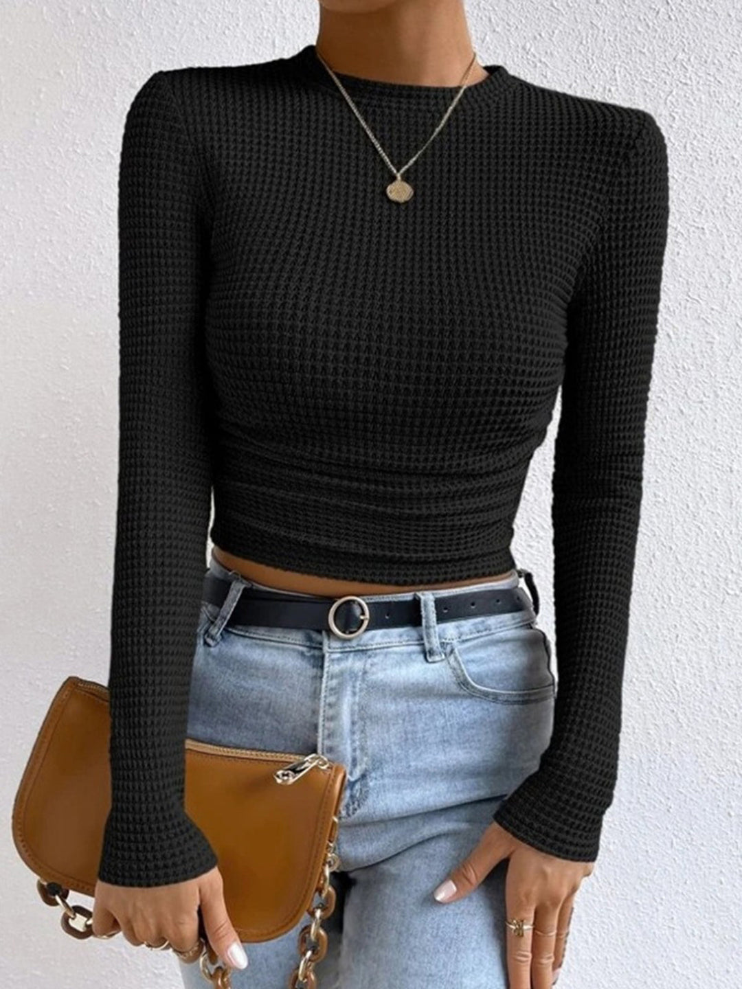 Women’s Waffle Knit Crop Top with Round Neckline and Long Sleeves