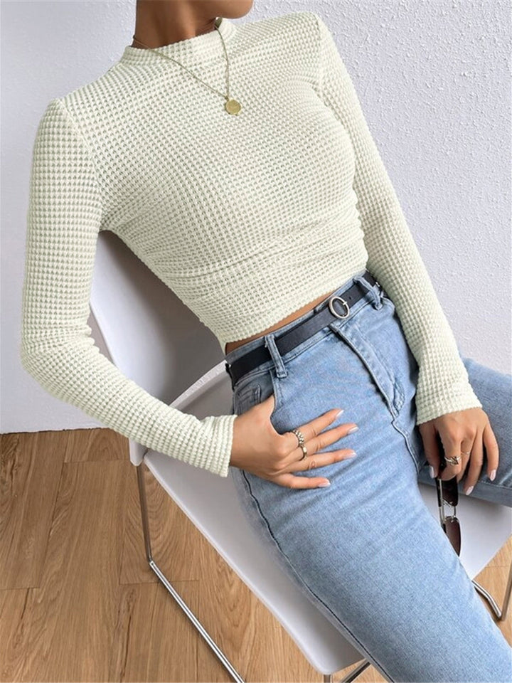 Women’s Waffle Knit Crop Top with Round Neckline and Long Sleeves