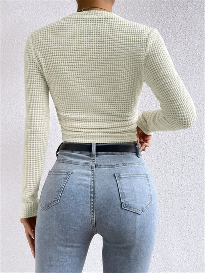 Women’s Waffle Knit Crop Top with Round Neckline and Long Sleeves