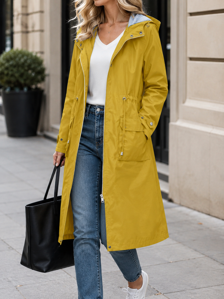 Women’s Waterproof Long Rain Jacket with Hood and Flap Pockets