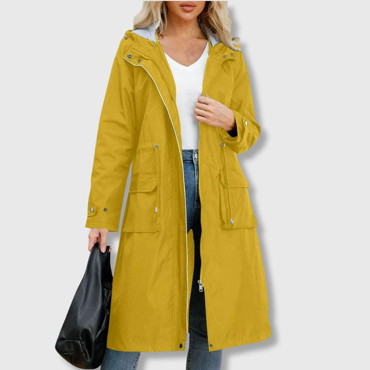 Women’s Waterproof Long Rain Jacket with Hood and Flap Pockets