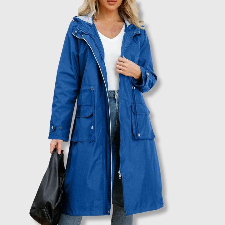 Women’s Waterproof Long Rain Jacket with Hood and Flap Pockets