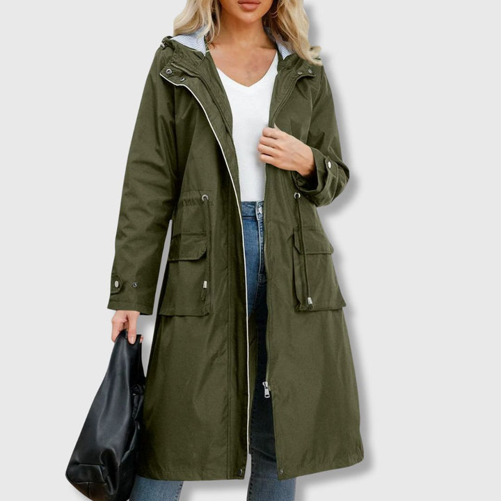 Women’s Waterproof Long Rain Jacket with Hood and Flap Pockets