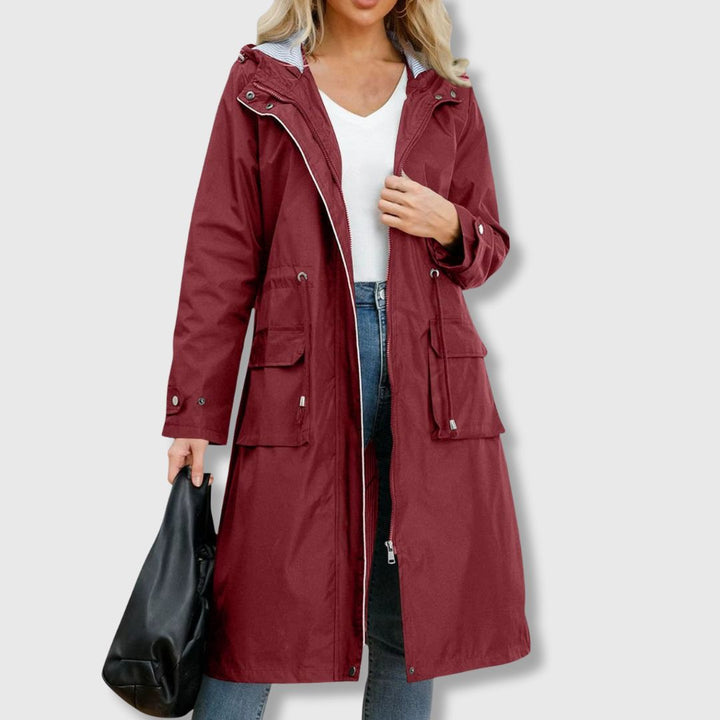 Women’s Waterproof Long Rain Jacket with Hood and Flap Pockets