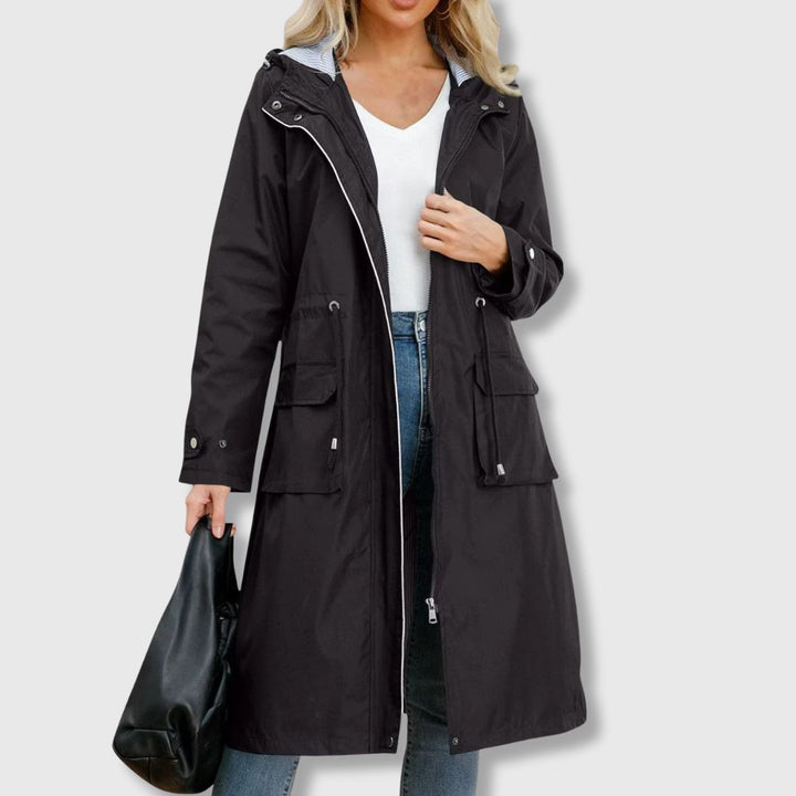Women’s Waterproof Long Rain Jacket with Hood and Flap Pockets
