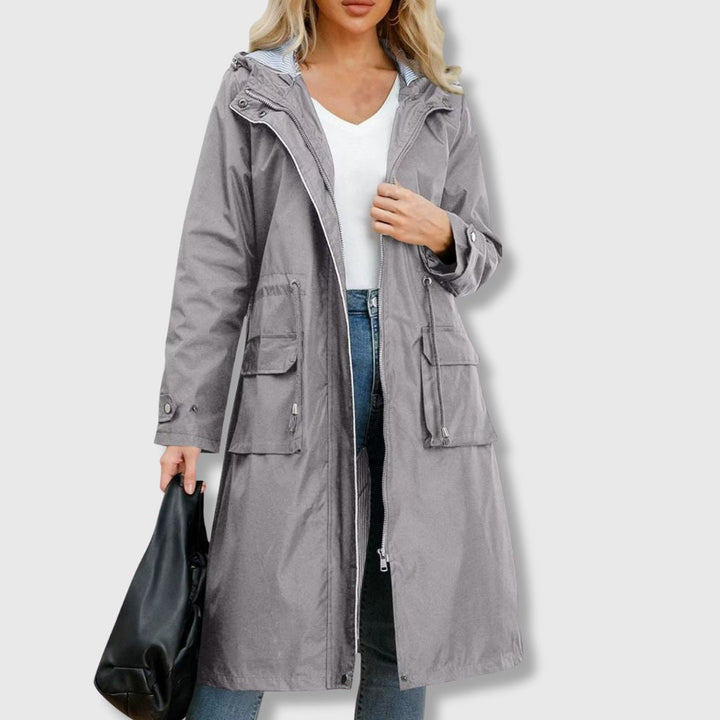 Women’s Waterproof Long Rain Jacket with Hood and Flap Pockets