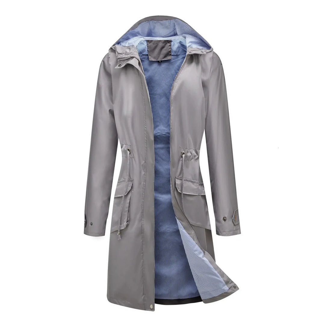Women’s Waterproof Long Rain Jacket with Hood and Flap Pockets