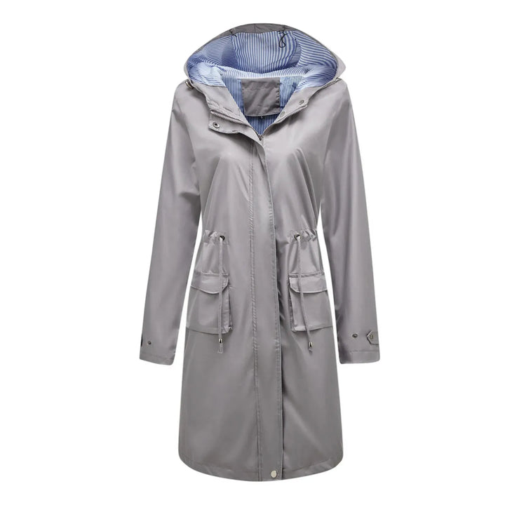 Women’s Waterproof Long Rain Jacket with Hood and Flap Pockets