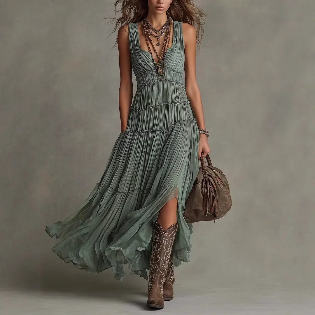 Side view showing tiered skirt and banded waist, green