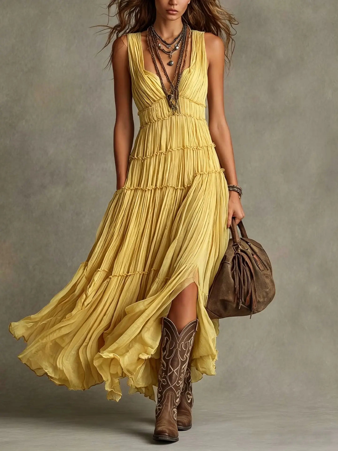 Front view showing v-neckline and tiered skirt, yellow