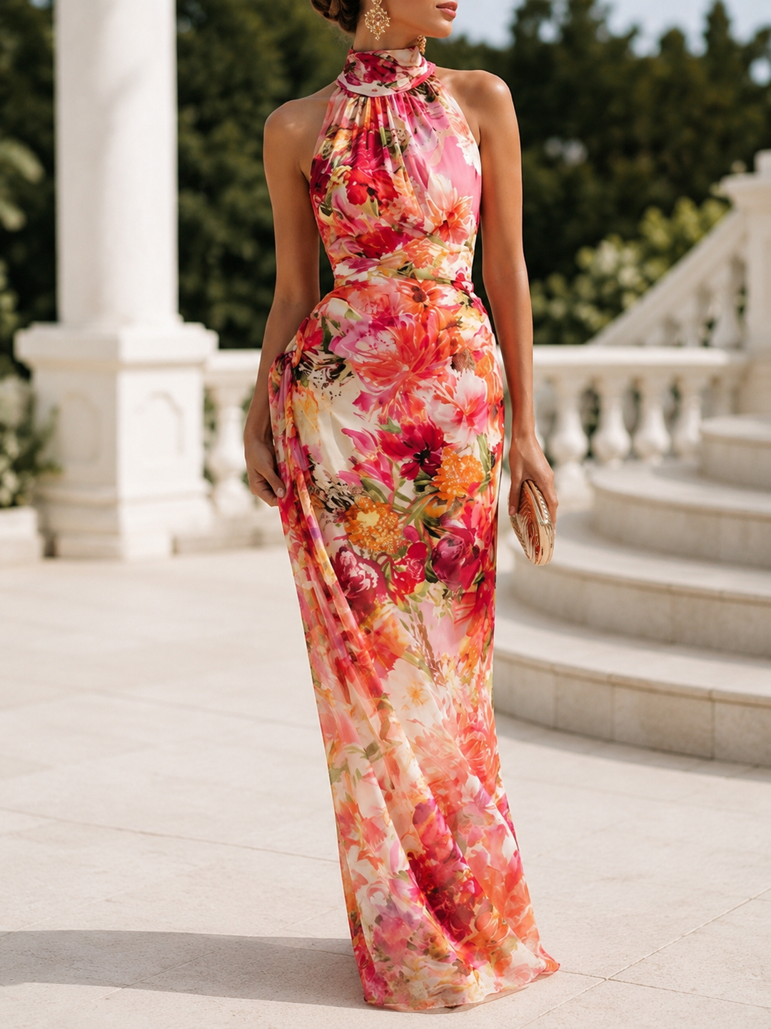 Women’s Wedding Guest Dress with Halter Neck and Floral Print