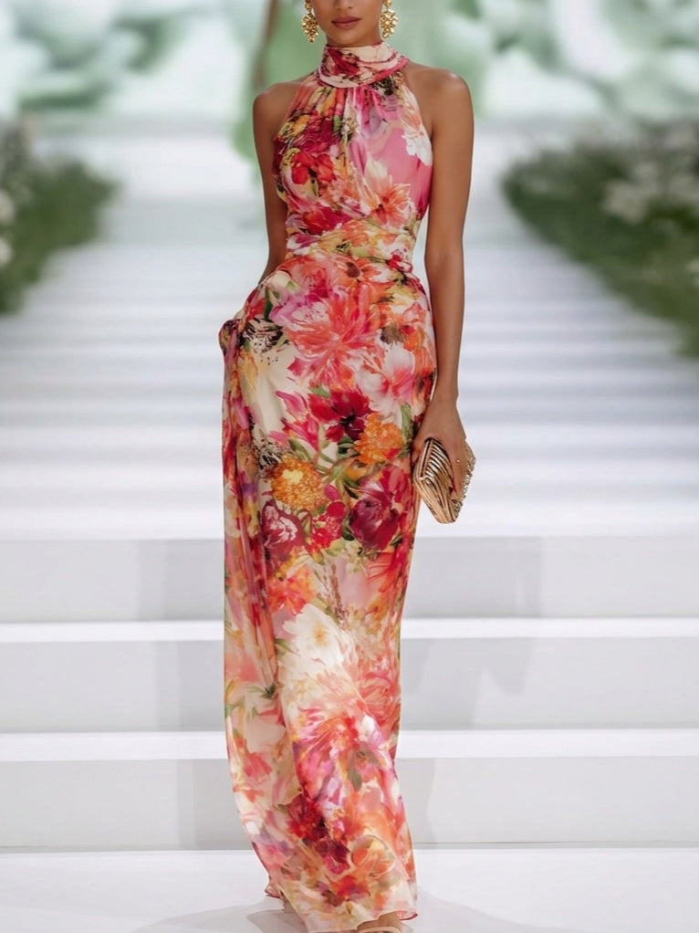 Women’s Wedding Guest Dress with Halter Neck and Floral Print