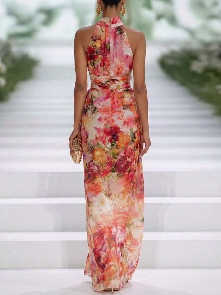 Women’s Wedding Guest Dress with Halter Neck and Floral Print