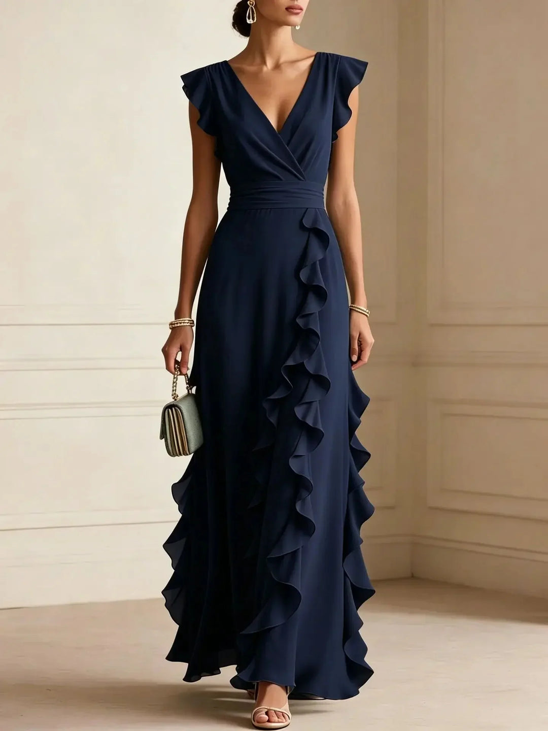 Front view of maxi dress with v-neckline, cap sleeves and cascading side ruffles, navy blue