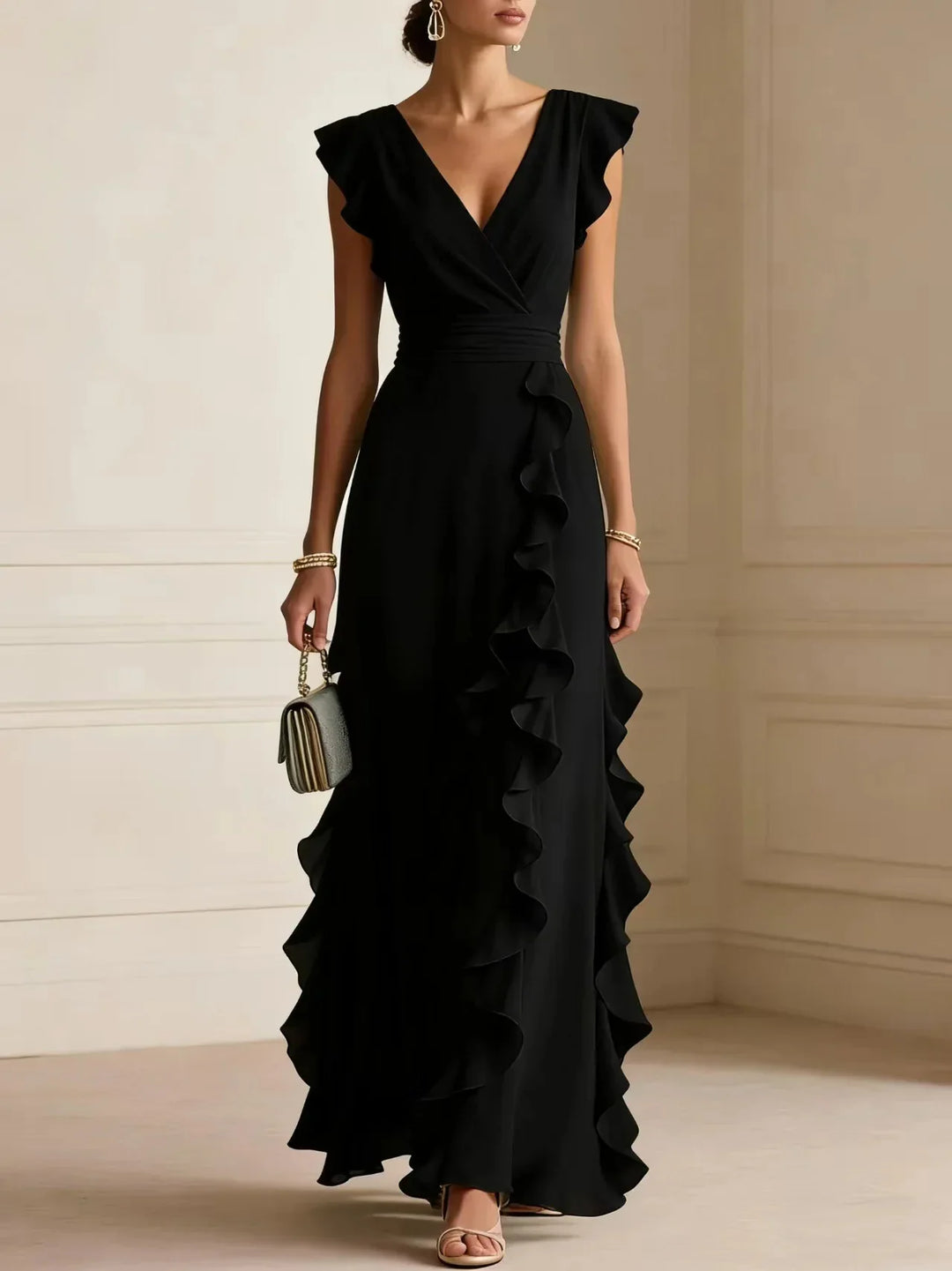 Front view with v-neckline, cap sleeves and ruffle skirt, black