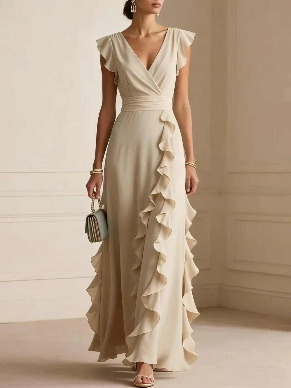 Front view of wrap front, banded waist and cascading ruffles, champagne