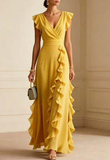 Front view with cap sleeves, banded waist and ruffle trim, mustard yellow