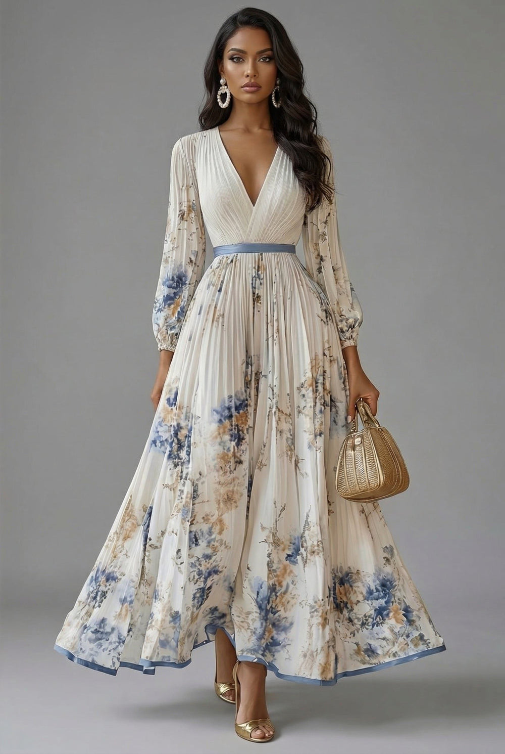 Front view of maxi dress with v-neckline, long sleeves and pleated skirt, white