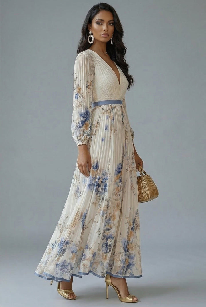 Side view showing long sleeves, banded waist and pleated skirt