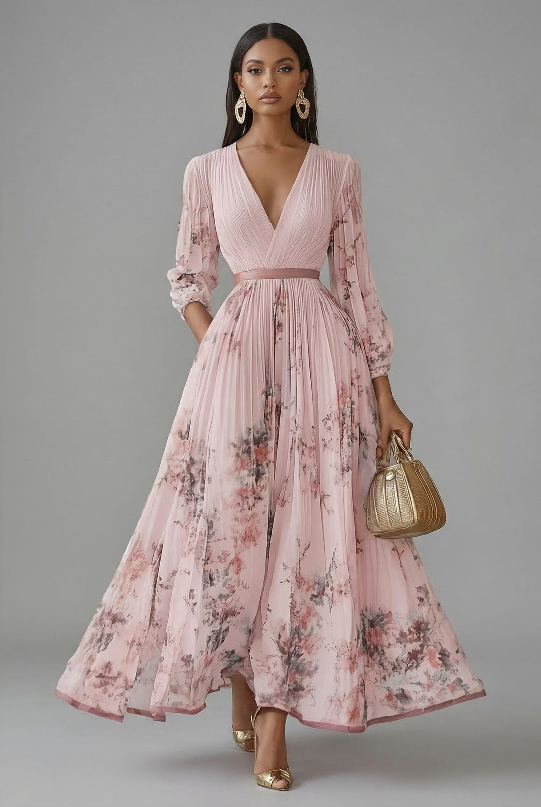 Front view with v-neckline, pleated bodice and ankle-length hem, pink