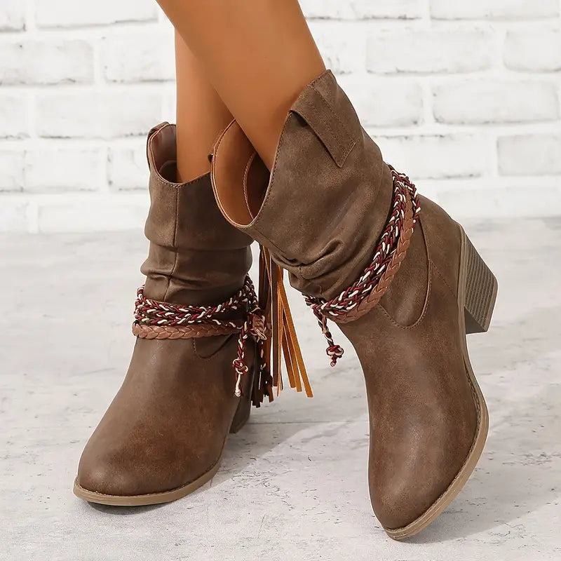Front view of slouched shaft with braided wraps, tassels and pull tab