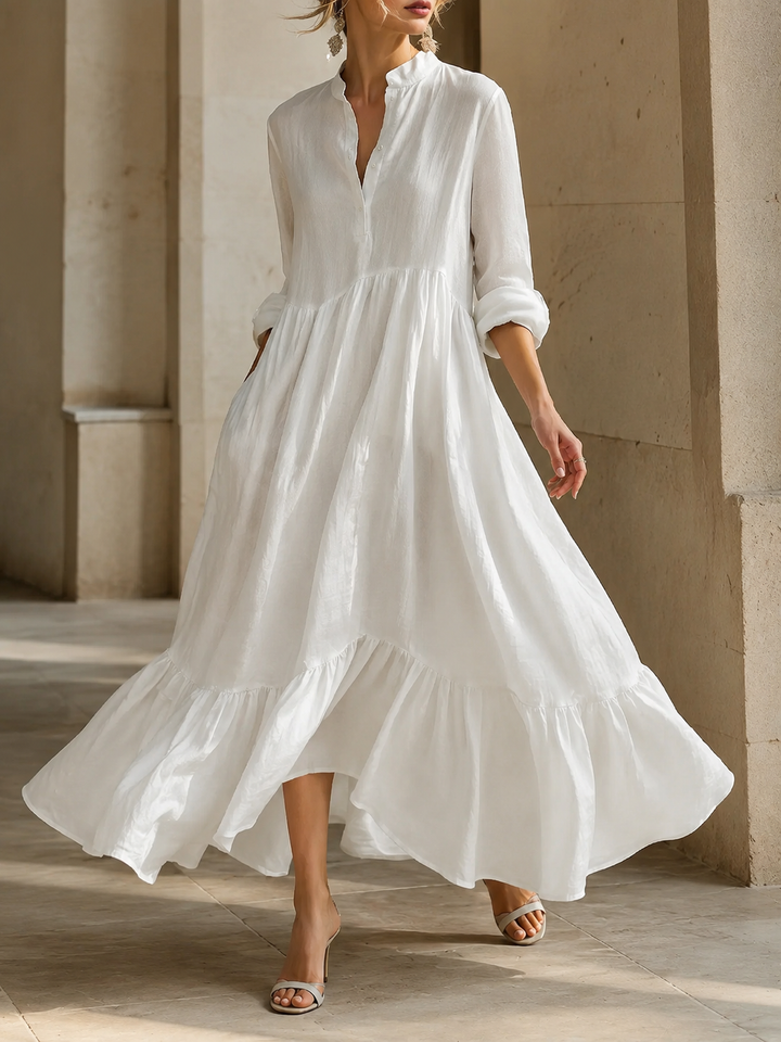 Women’s White Maxi Dress with Split Neck and Ruffle Hem