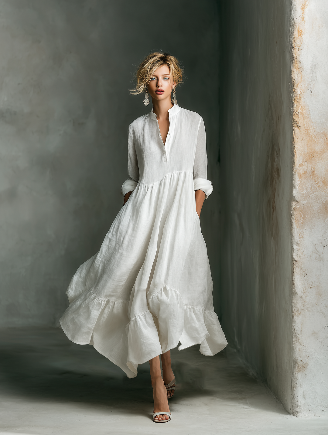 Women’s White Maxi Dress with Split Neck and Ruffle Hem