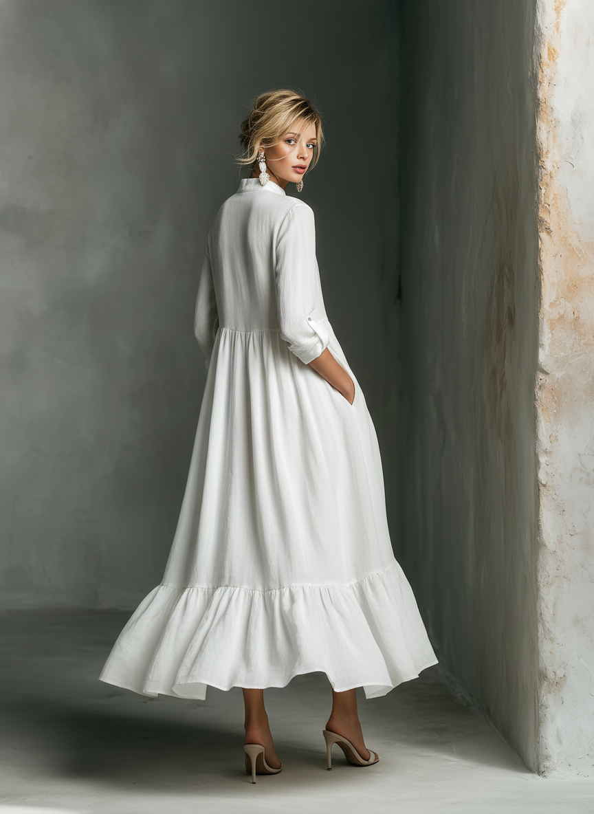 Women’s White Maxi Dress with Split Neck and Ruffle Hem