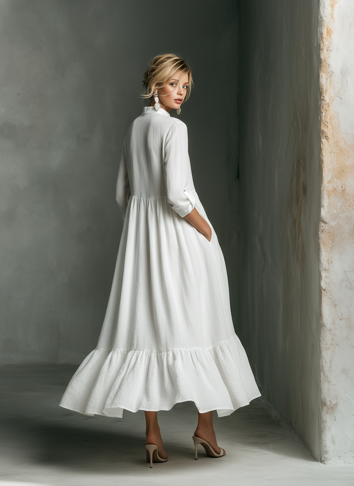 Women’s White Maxi Dress with Split Neck and Ruffle Hem