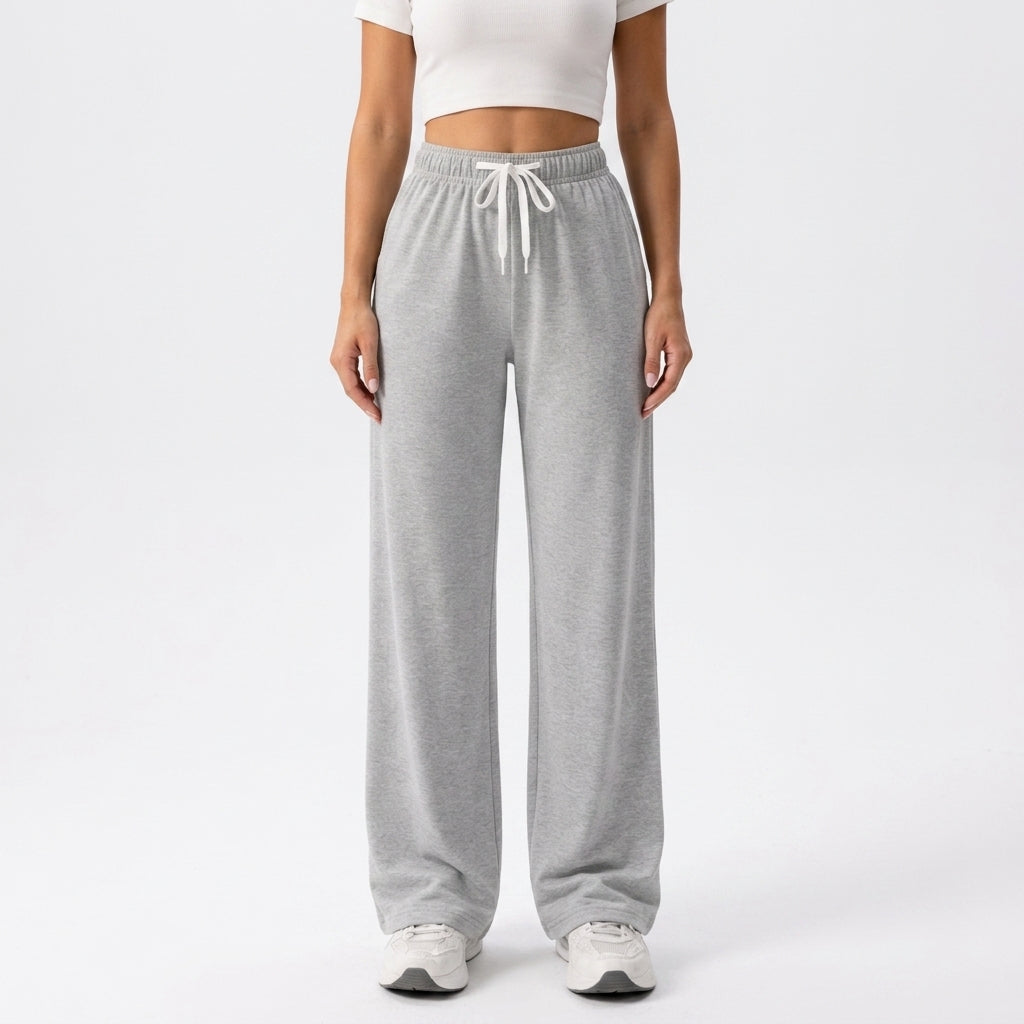 Front view showing drawstring waist and wide legs, grey