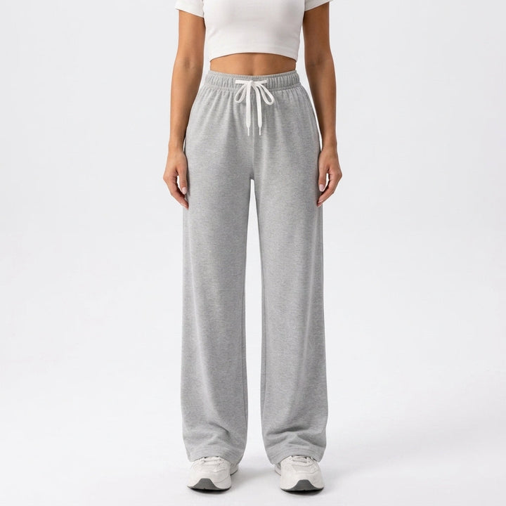 Front view showing drawstring waist and wide legs, grey