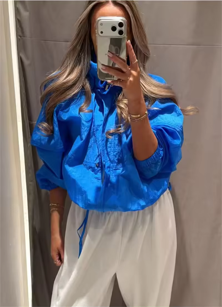 Women’s Windbreaker Jacket with Stand Collar and Drawstring Hem