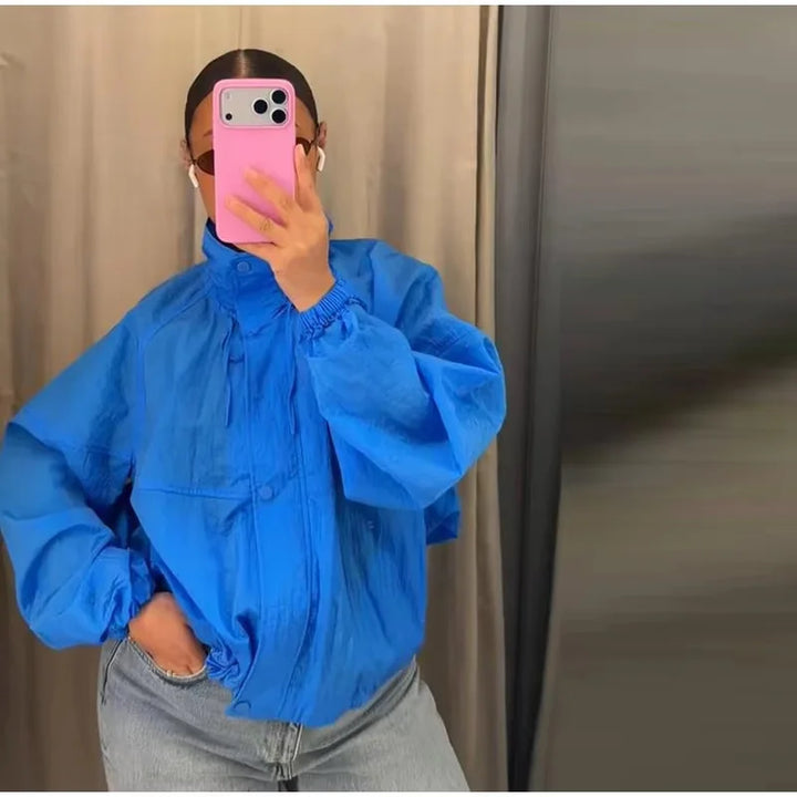Women’s Windbreaker Jacket with Stand Collar and Drawstring Hem