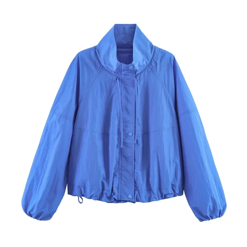 Women’s Windbreaker Jacket with Stand Collar and Drawstring Hem