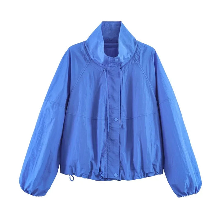 Women’s Windbreaker Jacket with Stand Collar and Drawstring Hem