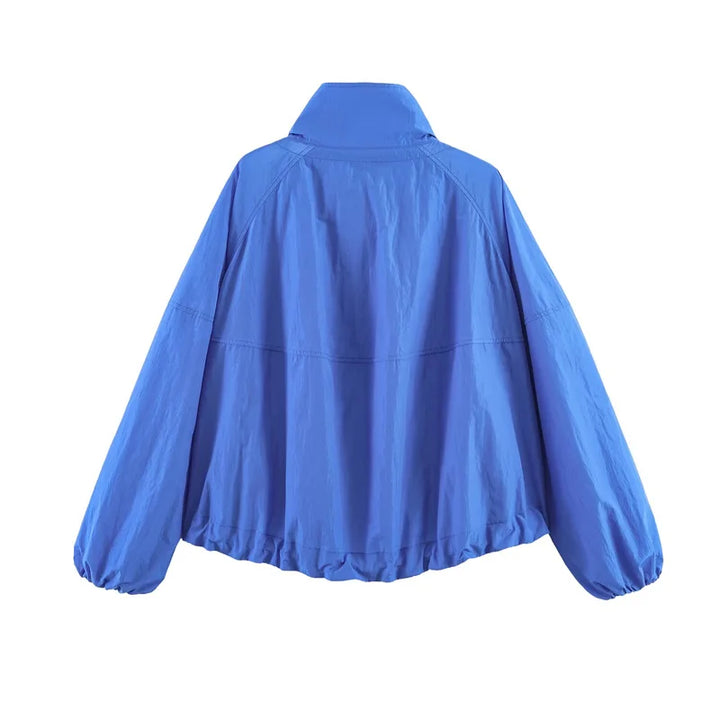Women’s Windbreaker Jacket with Stand Collar and Drawstring Hem
