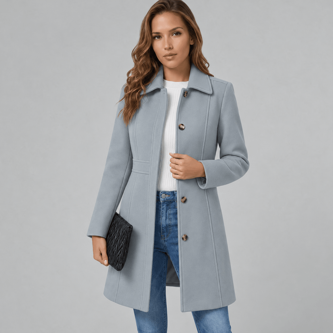 Front view showing shirt collar, button placket and knee-length hem, grey