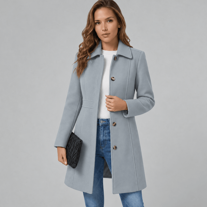 Front view showing shirt collar, button placket and knee-length hem, grey