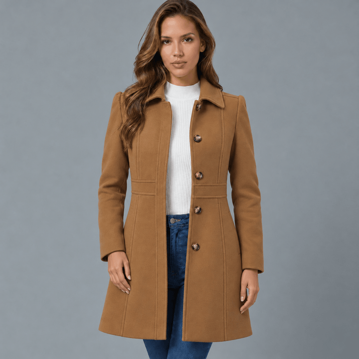 Front view showing shirt collar, button placket and banded waist, brown