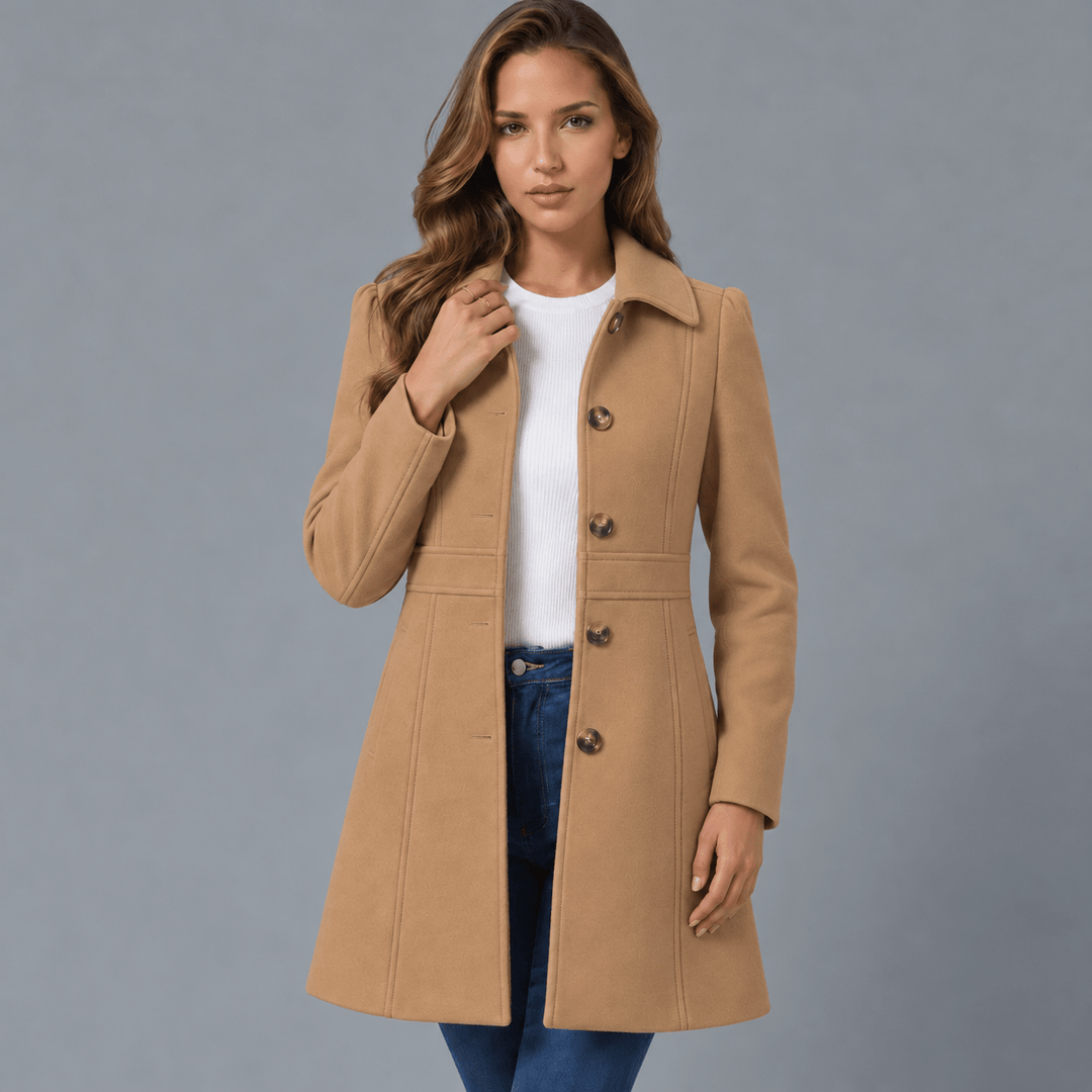 Front view showing shirt collar, button placket and knee-length hem, khaki
