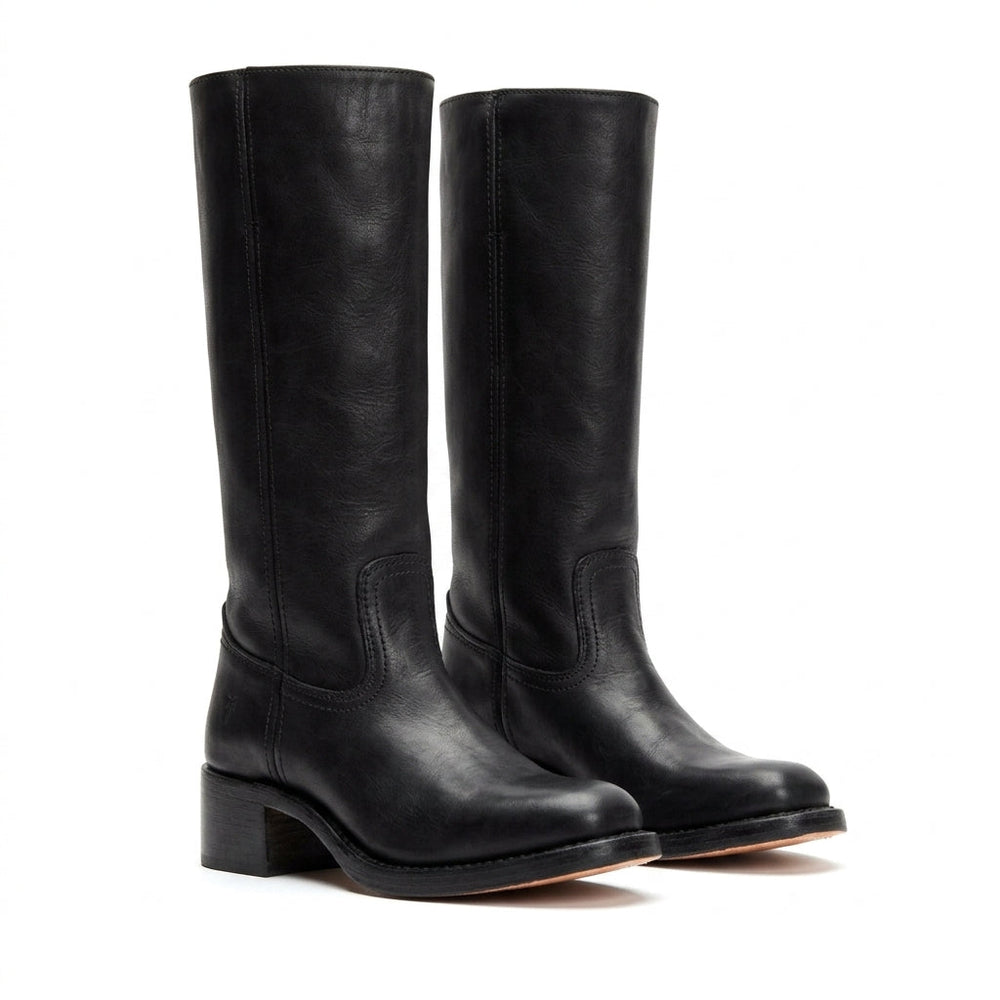 Front view of pull-on upper, rounded toe and stacked block heel, black